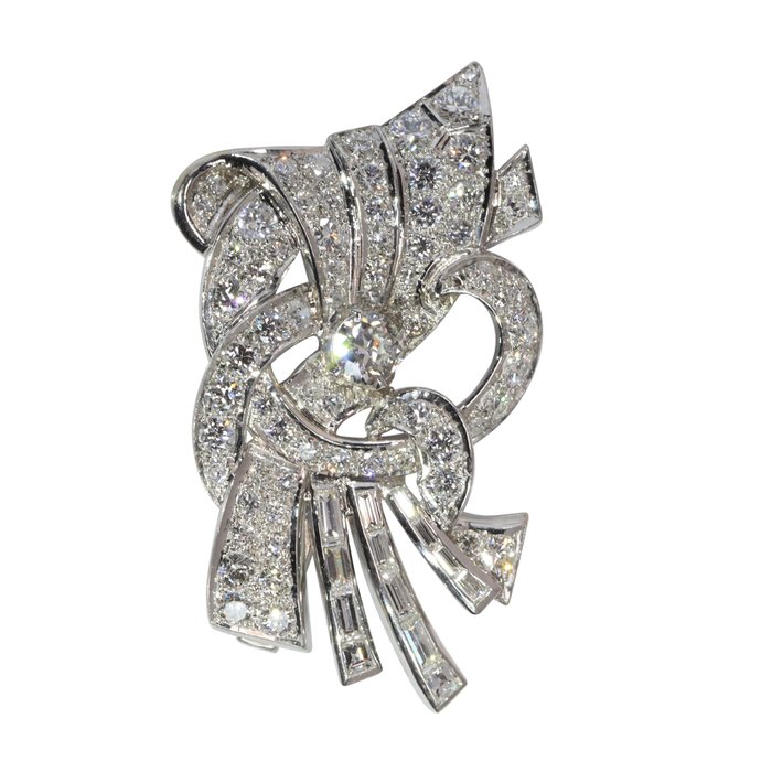 Broche Platin -  7.02ct. tw. Diamant (Natur) - Vintage art deco fra 1950'erne