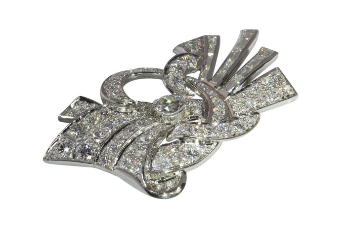 Broche Platin -  7.02ct. tw. Diamant (Natur) - Vintage art deco fra 1950'erne