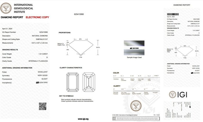 Ingen mindstepris - 1 pcs Diamant  (Natur)  - 1.01 ct - Smaragd - D (farveløs) - IF - International Gemological Institute (IGI) - Top diamant