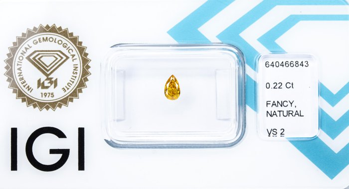 Ingen mindstepris - 1 pcs Diamant  (Naturfarvet)  - 0.22 ct - Pære - Fancy intense Brunlig Gul - VS2 - International Gemological Institute (IGI)