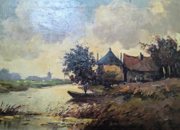 Cornelis de Bruin (1870-1940) - Hollands landschap boerderij aan het water