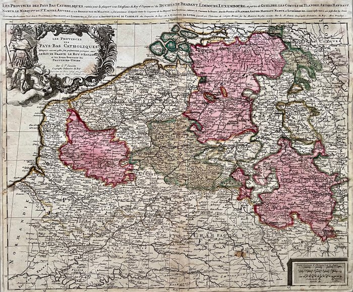 Belgien, Luxembourg, Holland, Frankrig - Sydlige Holland, Sydlige Holland: Brabant, Limburg, Zeeland, Nordfrankrig; N. Sanson / P. Schenk - Les Provinces des Pays Bas Catholiques distinguées suivant qu'elles sont presentement partagées - 1681-1700