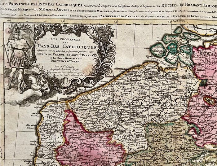 Belgien, Luxembourg, Holland, Frankrig - Sydlige Holland, Sydlige Holland: Brabant, Limburg, Zeeland, Nordfrankrig; N. Sanson / P. Schenk - Les Provinces des Pays Bas Catholiques distinguées suivant qu'elles sont presentement partagées - 1681-1700