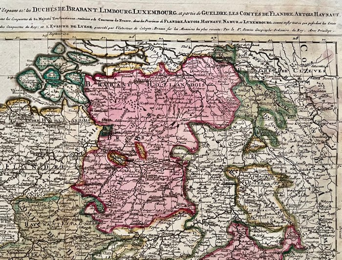 Belgien, Luxembourg, Holland, Frankrig - Sydlige Holland, Sydlige Holland: Brabant, Limburg, Zeeland, Nordfrankrig; N. Sanson / P. Schenk - Les Provinces des Pays Bas Catholiques distinguées suivant qu'elles sont presentement partagées - 1681-1700