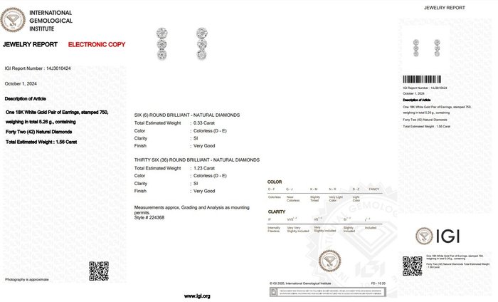 Øreringe - 18 kraat Hvidguld -  1.56ct. tw. Diamant (Natur) - Diamant