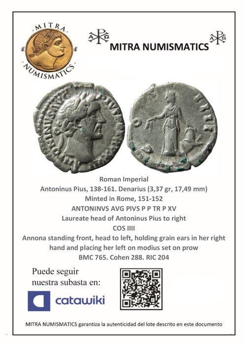 Romarriket. Antoninus Pius (138-161.. Denarius minted in Rome, 151-152. COS IIII Annona  (Ingen mindstepris)