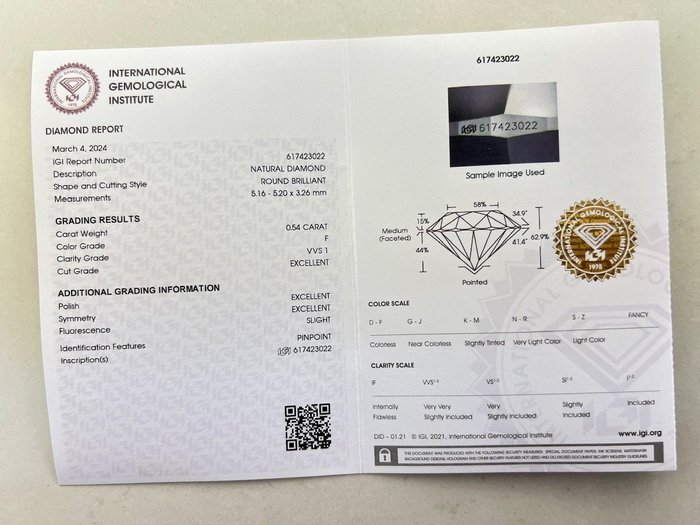 1 pcs Diamant  (Natur)  - 0.54 ct - Rund - F - VVS1 - International Gemological Institute (IGI)