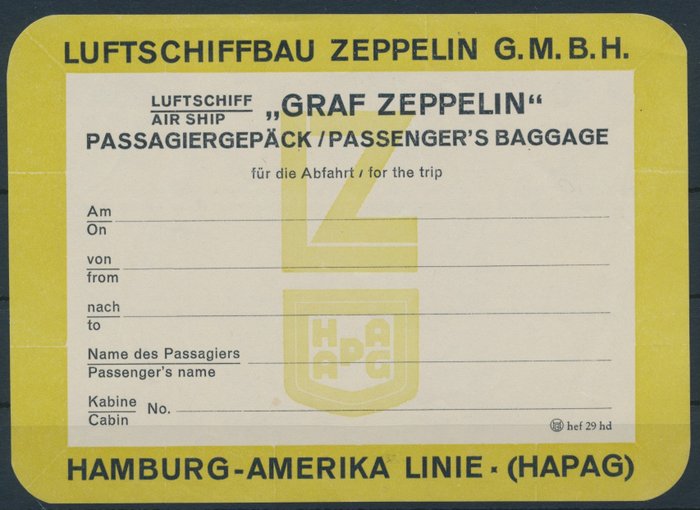 Tyske Kejserrige  - Blankt bagagemærke fra Luftschiffbau Zeppelin G.M.B.H., til rejser med luftskib - "Graf Zeppelin"