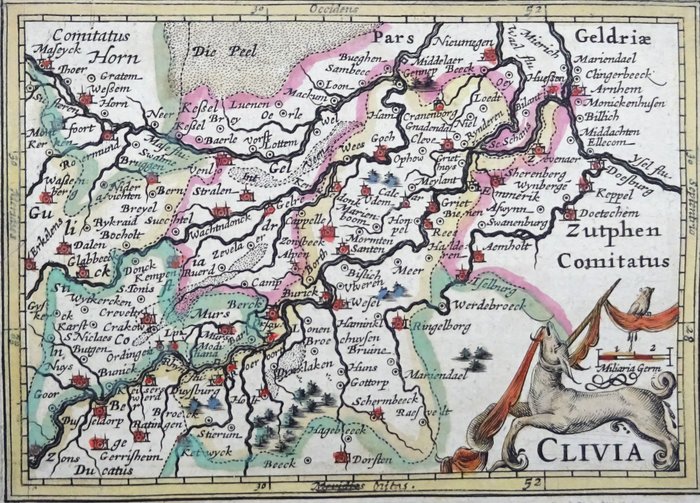 Holland - Gelderland, Arnhem, Nijmegen, Zutphen, Limburg, Roermond, Venlo, Tyskland, Kleve, Duisburg...; Bertius / Hondius - Clivia - 1601-1620