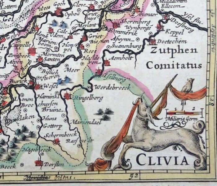 Holland - Gelderland, Arnhem, Nijmegen, Zutphen, Limburg, Roermond, Venlo, Tyskland, Kleve, Duisburg...; Bertius / Hondius - Clivia - 1601-1620