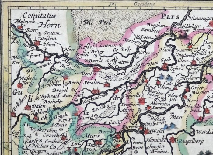 Holland - Gelderland, Arnhem, Nijmegen, Zutphen, Limburg, Roermond, Venlo, Tyskland, Kleve, Duisburg...; Bertius / Hondius - Clivia - 1601-1620