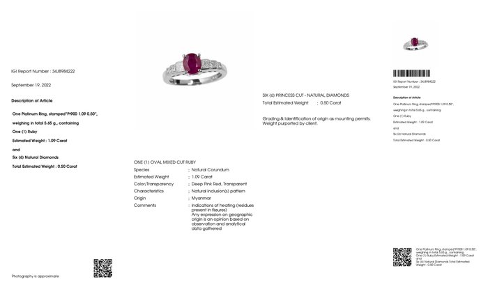 Cocktailring Platin -  1.59ct. tw. Rubin - Diamant - BURMA