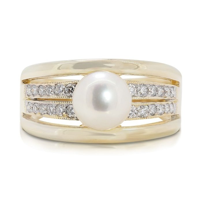 Ring - 18 kraat Gulguld -  029ct tw Perle - Diamant