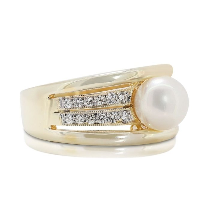 Ring - 18 kraat Gulguld -  029ct tw Perle - Diamant