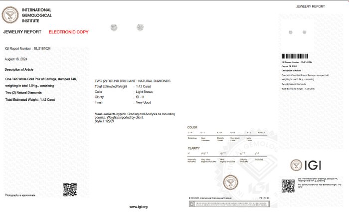 Ingen mindstepris - Øreringe - 14 karat Hvidguld -  142ct tw Brun Diamant (Naturfarvet) - IGI