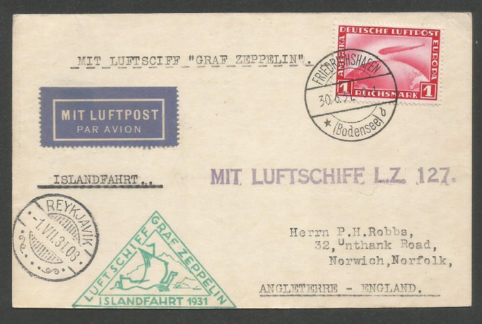 Tyske Kejserrige 1931 - Luftskib 'Graf Zeppelin' Islandfahrt postkort 30.6.1931 - Mi# 455