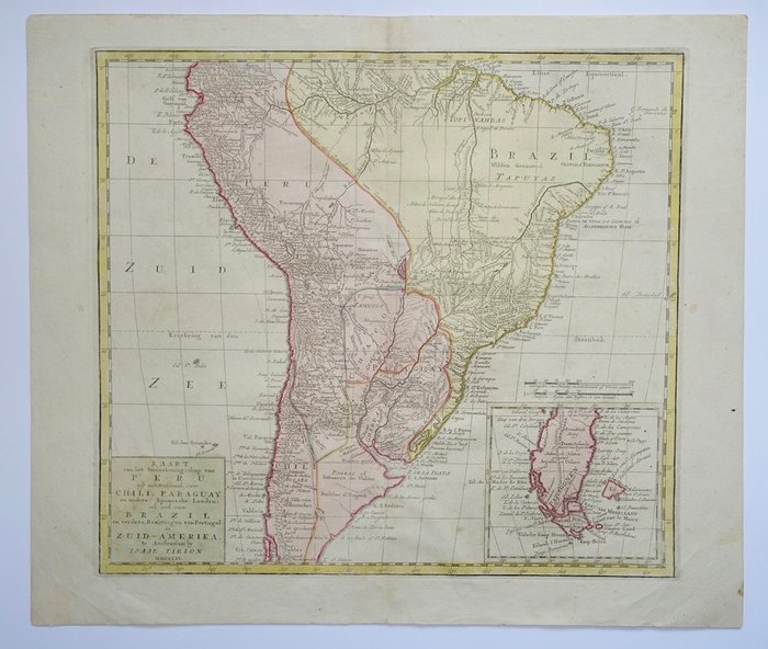 Sydamerika - Peru, Brasilien, Chile; Isaäk Tirion - Kaart van het Onderkoningschap van Peru, zig uitstrekkende over Chili, Paraguay en andere Spaansche - 1765