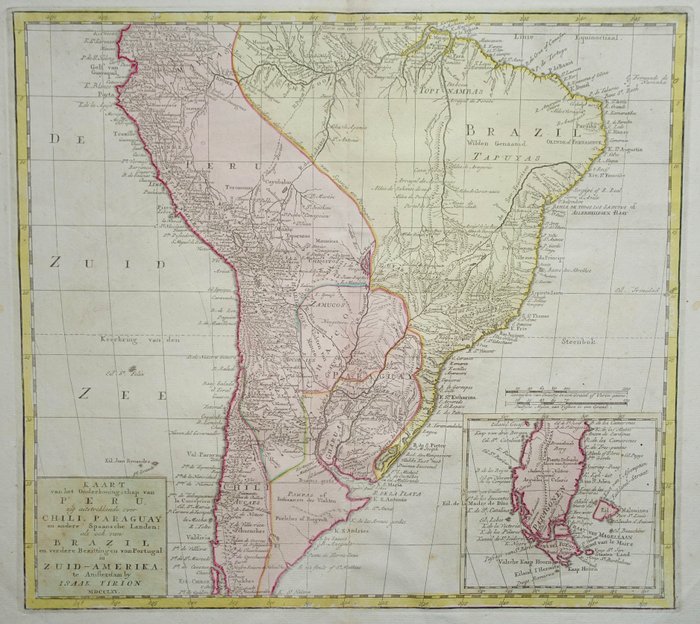 Sydamerika - Peru, Brasilien, Chile; Isaäk Tirion - Kaart van het Onderkoningschap van Peru, zig uitstrekkende over Chili, Paraguay en andere Spaansche - 1765