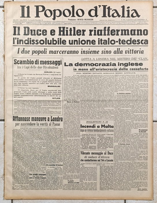 Il Popolo d'Italia - Lotto 10 giornali fascismo - Seconda guerra mondiale - 1940