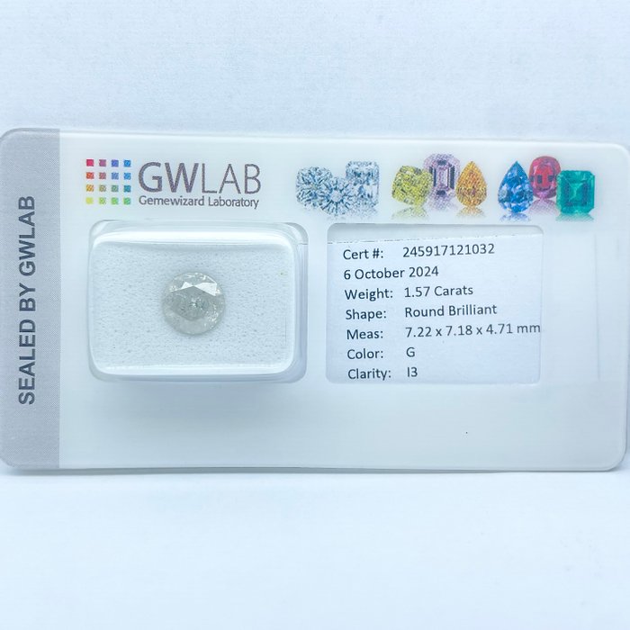 Ingen mindstepris - 1 pcs Diamant  (Natur)  - 1.57 ct - Rund - G - I3 - Gemewizard Gemological Laboratory (GWLab)