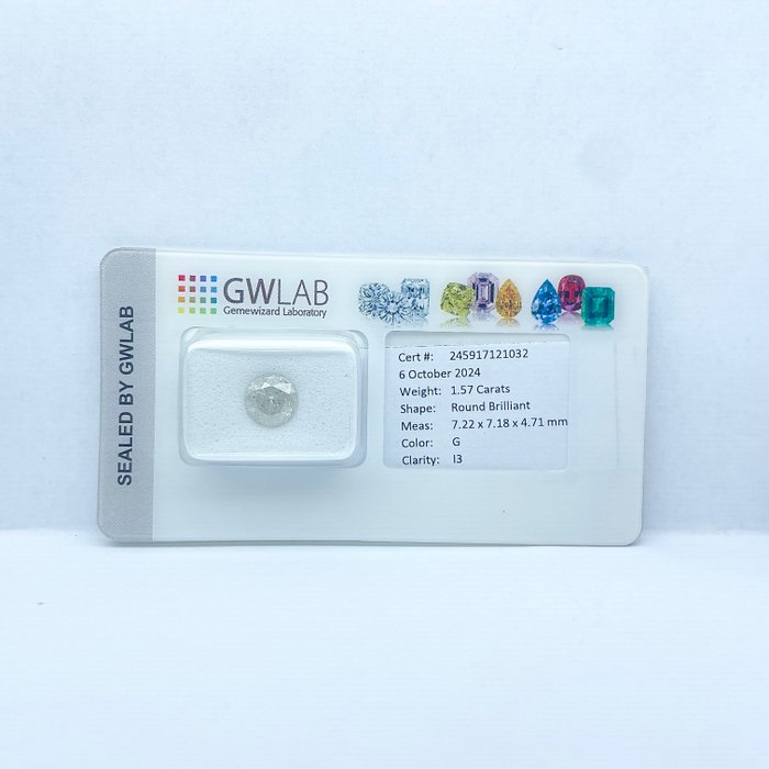 Ingen mindstepris - 1 pcs Diamant  (Natur)  - 1.57 ct - Rund - G - I3 - Gemewizard Gemological Laboratory (GWLab)