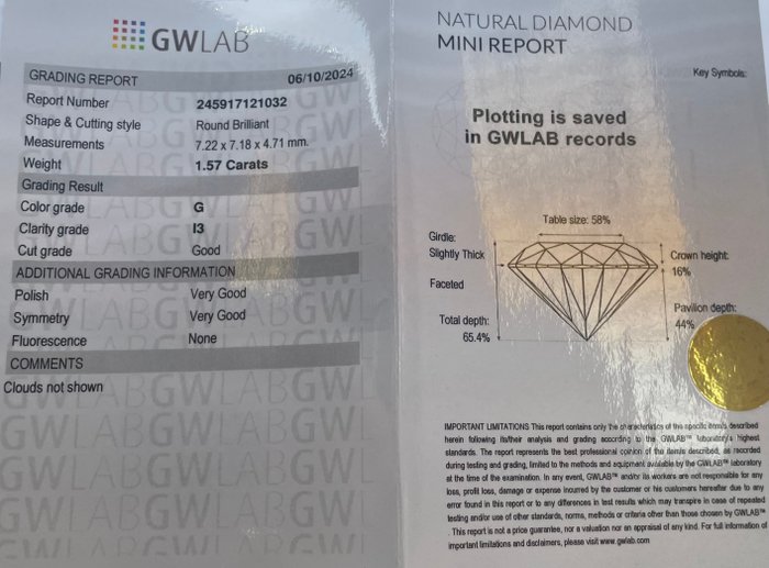 Ingen mindstepris - 1 pcs Diamant  (Natur)  - 1.57 ct - Rund - G - I3 - Gemewizard Gemological Laboratory (GWLab)