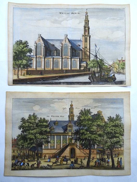 Holland - Amsterdam, Westerkerk, Westertoren, Prinsengracht, Westerhal [2 indgraveringer]; P. Von Zesen / J. Noschen - Wester Kerck / De Wester Hal - 1661-1680