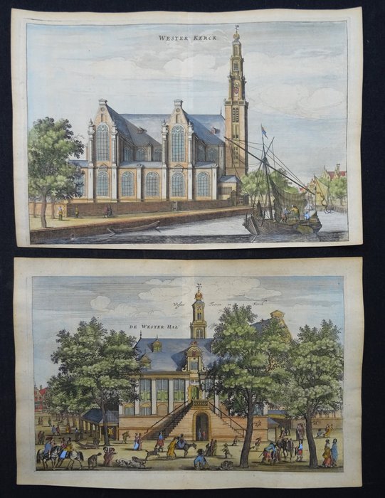 Holland - Amsterdam, Westerkerk, Westertoren, Prinsengracht, Westerhal [2 indgraveringer]; P. Von Zesen / J. Noschen - Wester Kerck / De Wester Hal - 1661-1680