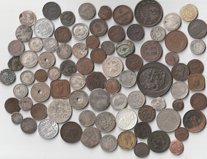 Verden, Belgien, Ceylon, Danmark, Tyskland, Schweiz, Sverige. Collection of 80 various world coins, all before 1945  (Ingen mindstepris)