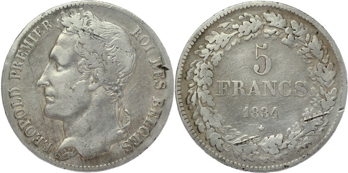 Belgien. Leopold II (1865-1909). 5 Francs 1834 - position A - LOW MINTAGE - RARE