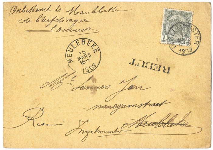 Belgien  - Sjældent kort med nr. 81 fra 1909 med REBUT stempel + forklaring hvorfor REBUT - Se beskrivelse