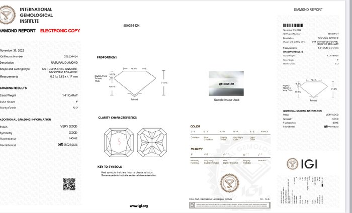 1 pcs Diamant  (Natur)  - 1.41 ct - Radiant - F - SI2 - International Gemological Institute (IGI)