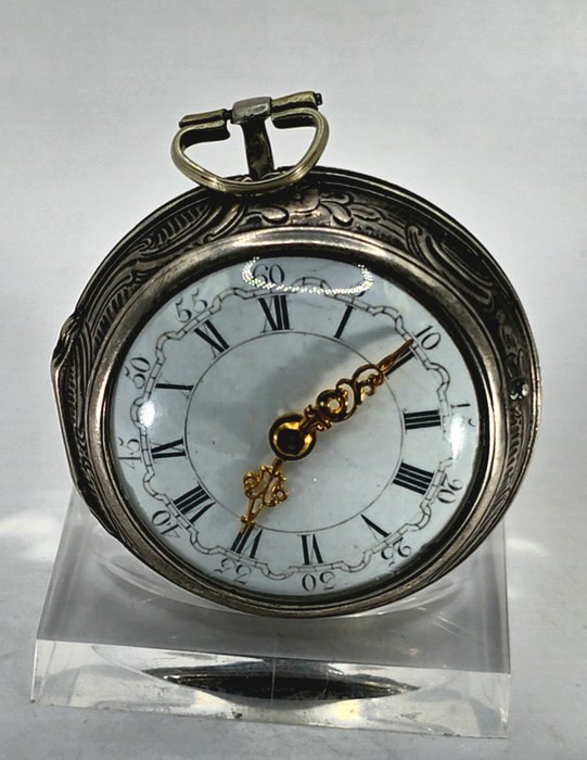 J Wilde - London - Silber Repousee Sackspindeluhr - Arkadenziffernblatt - Beim Hufschmied - England 1760