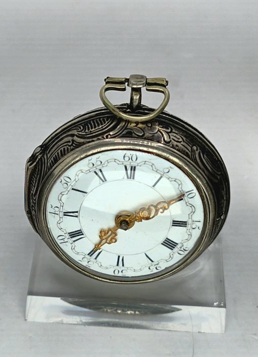 J Wilde - London - Silber Repousee Sackspindeluhr - Arkadenziffernblatt - Beim Hufschmied - England 1760