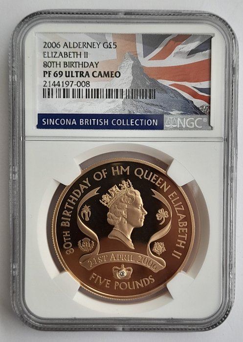 Guernsey Alderney (Kronbesiddelse) 5 Pounds 2006 Elizabeth II - 80th Anniversary - PF 69 Ultra Cameo