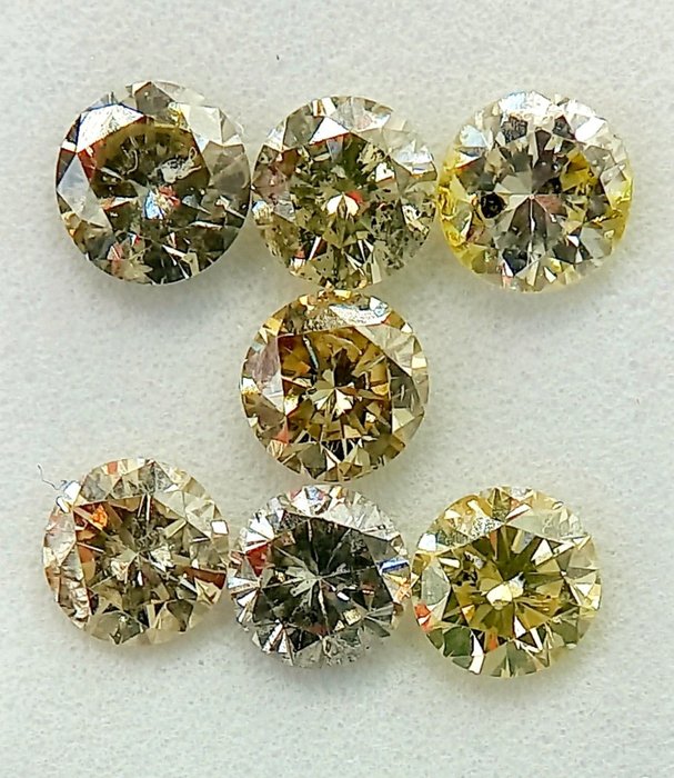 Ingen mindstepris - 7 pcs Diamant  (Naturfarvet)  - 1.45 ct - Rund - Light Brunlig, Grålig, Grønlig Gul - I1, SI1 - Antwerp Laboratory for Gemstone Testing (ALGT)