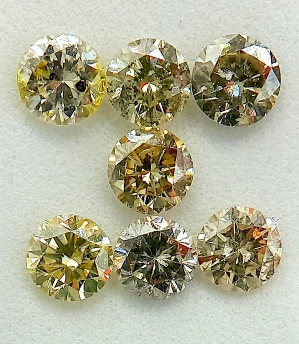 Ingen mindstepris - 7 pcs Diamant  (Naturfarvet)  - 1.45 ct - Rund - Light Brunlig, Grålig, Grønlig Gul - I1, SI1 - Antwerp Laboratory for Gemstone Testing (ALGT)