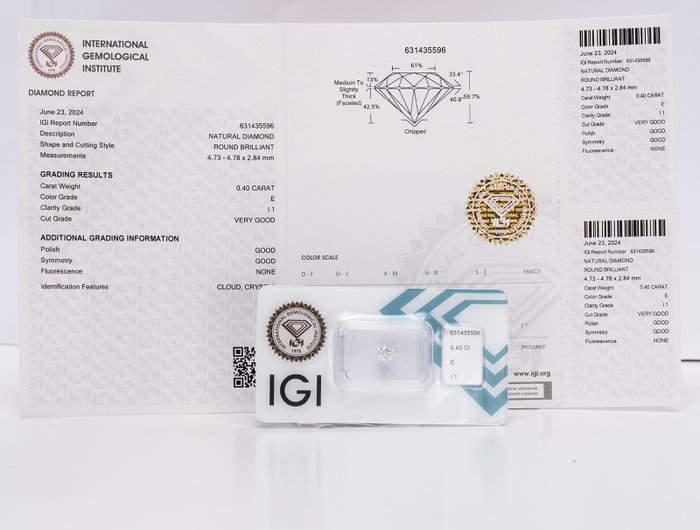 1 pcs Diamant  (Natur)  - 040 ct - Rund - E - I1 - International Gemological Institute (IGI)