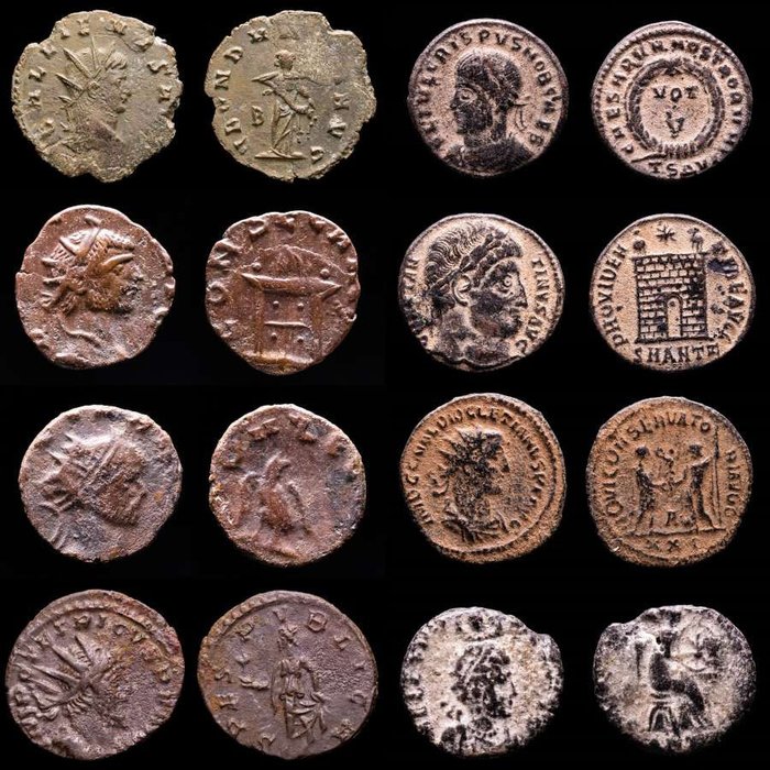 Romarriket. Lot comprising eight (8) AE coins:  Antoninianus, Follis, Maiorinas. Antoninianus, Follis, Maiorinas. Gallienus, Crispus, Claudius II (2), Constantine I, Diocletian, Tetricus I  (Eudoxia)  (Ingen mindstepris)