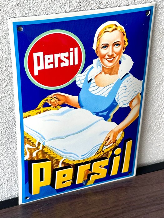 No reserve- Gebold emaille reclame bord Persil - Emaljeskilt - Metal