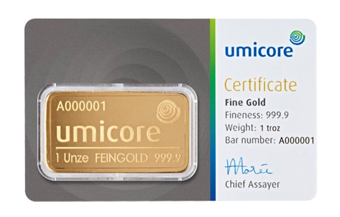 1 Troy Ounce - Guld 999 - Umicore, Belgium - Forseglet  Med certifikat