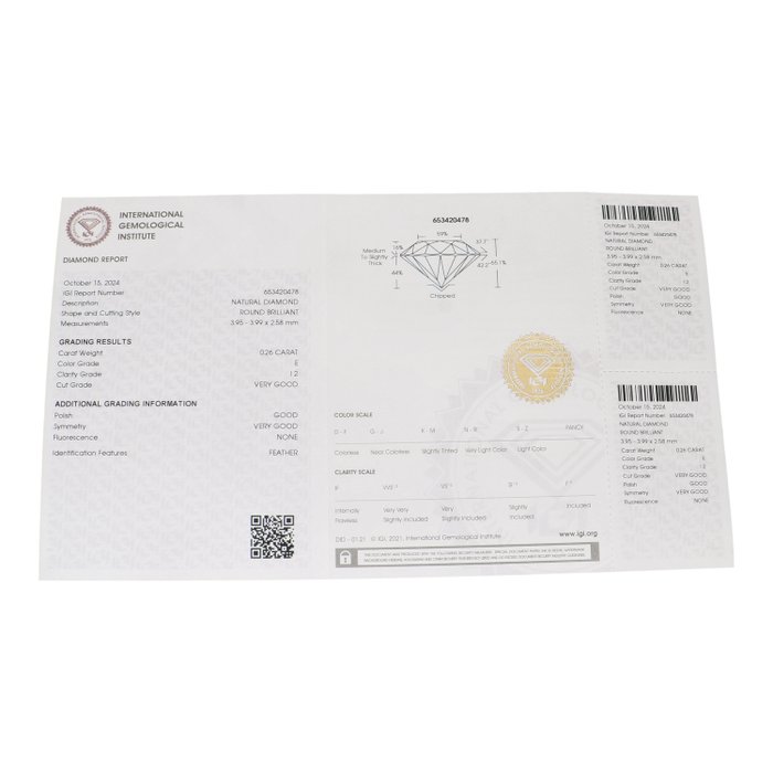 Ingen mindstepris - 1 pcs Diamant  (Natur)  - 0.26 ct - Rund - E - I2 - International Gemological Institute (IGI)