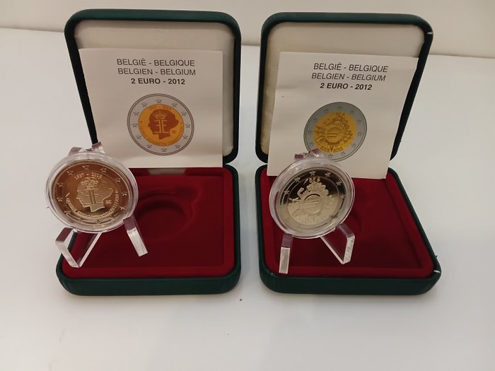 Belgien. 2 Euro 2012 "10 Years Euro" + "Queen Elisabeth" (2 monete) Proof  (Ingen mindstepris)