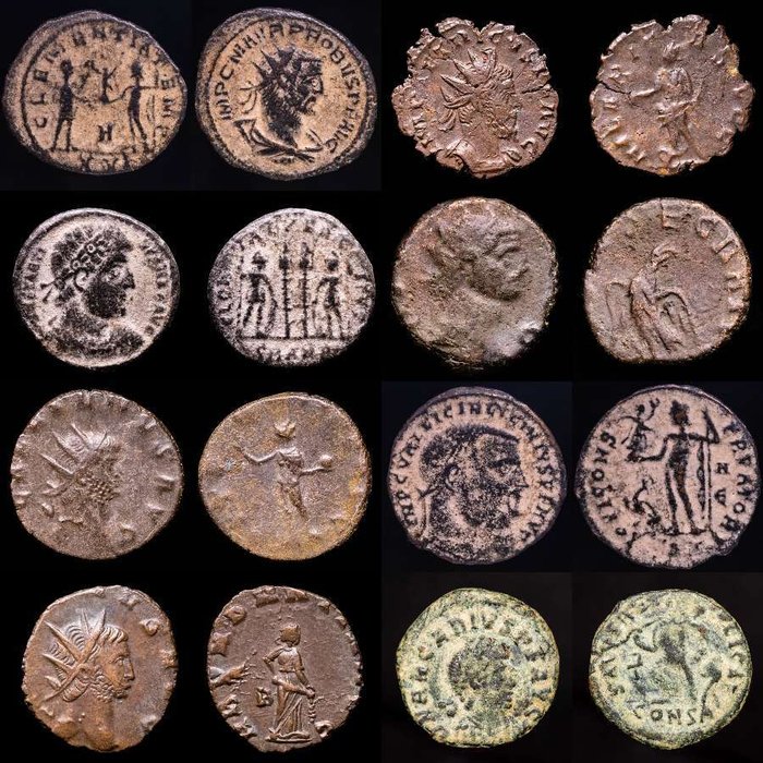 Romarriket. Lot comprising eight (8) AE coins:. Antoninianus, Follis, Maiorinas. Probus, Gallienus (2), Tetricus I, Divo Claudio,  Licinius I, Constantine I and Arcadius  (Ingen mindstepris)