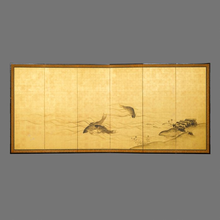 Byôbu 屏風 (foldeskærm) - Papir, lakeret træ, bladguld - Japan - Taishō-perioden (1912-1926)