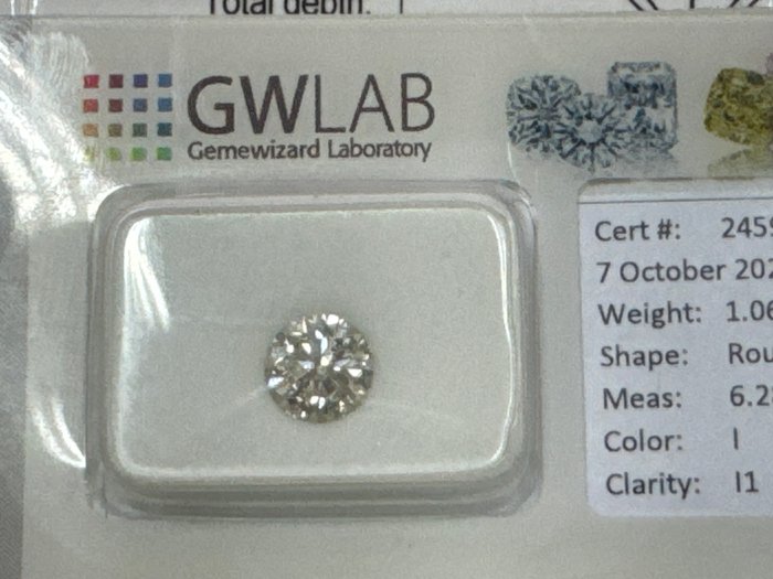 Ingen mindstepris - 1 pcs Diamant  (Natur)  - 1.06 ct - Rund - I - I1 - Gemewizard Gemological Laboratory (GWLab)