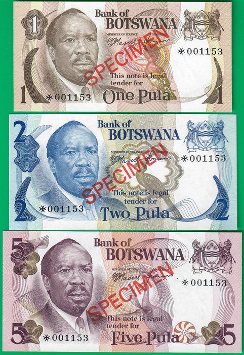 Botswana. - 1, 2, 5, 10, 20 Pula ND (1979) - Collector Specimen set w/ matching serial - Pick CS1 (1, 2, 3, 4a, 5a)  (Ingen mindstepris)