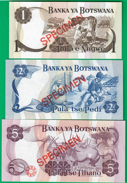 Botswana. - 1, 2, 5, 10, 20 Pula ND (1979) - Collector Specimen set w/ matching serial - Pick CS1 (1, 2, 3, 4a, 5a)  (Ingen mindstepris)