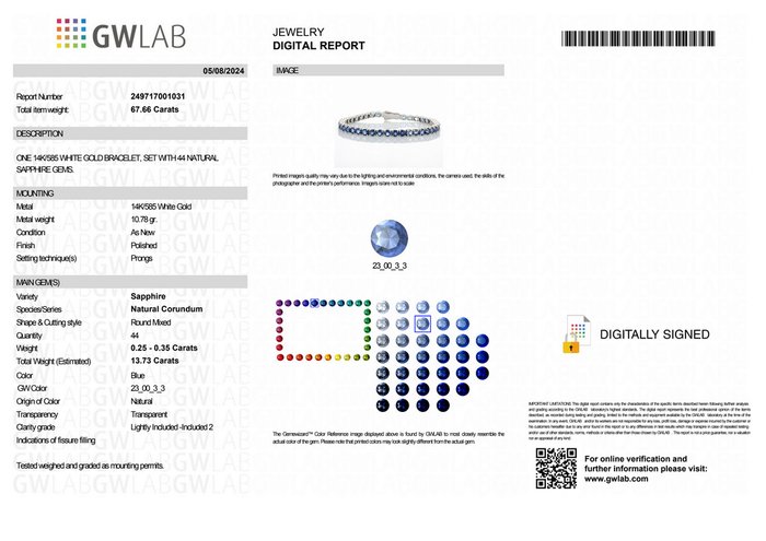 Armbånd - 14 karat Hvidguld -  13.73ct. tw. Safir - GWLab