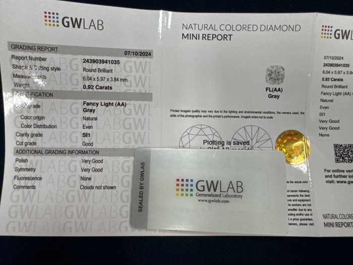 Ingen mindstepris - 1 pcs Diamant  (Naturfarvet)  - 0.92 ct - Rund - Fancy light Grå - SI1 - Gemewizard Gemological Laboratory (GWLab)